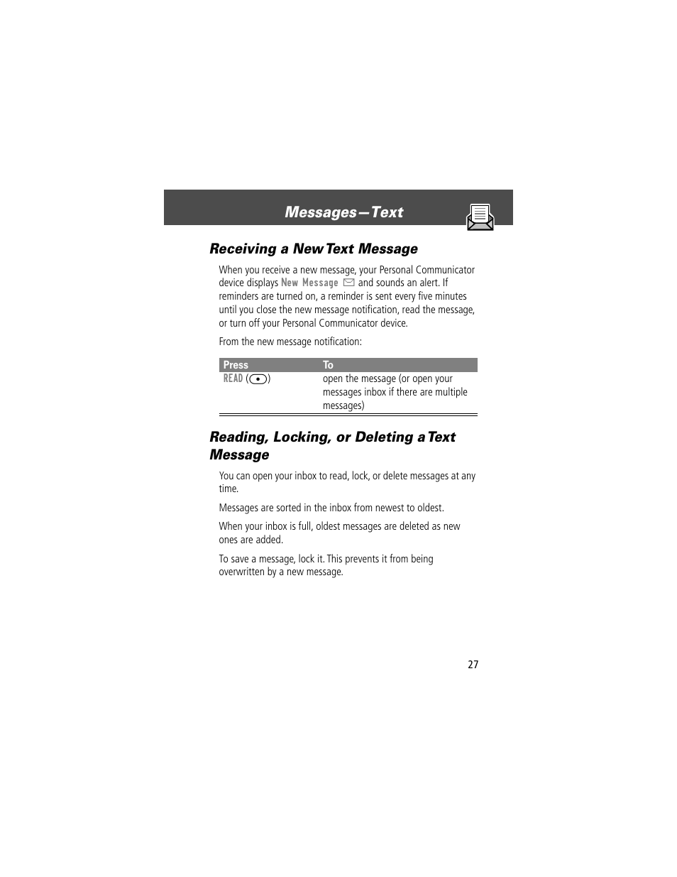 Messages—text, Receiving a new text message, Reading, locking, or deleting a text message | Motorola V200 User Manual | Page 27 / 114