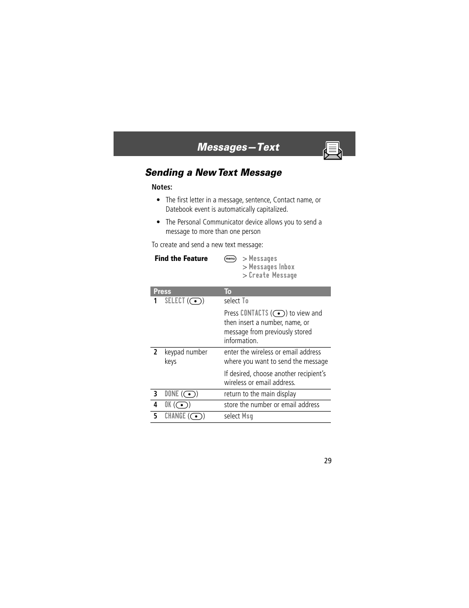 Messages—text, Sending a new text message | Motorola V200 User Manual | Page 29 / 114