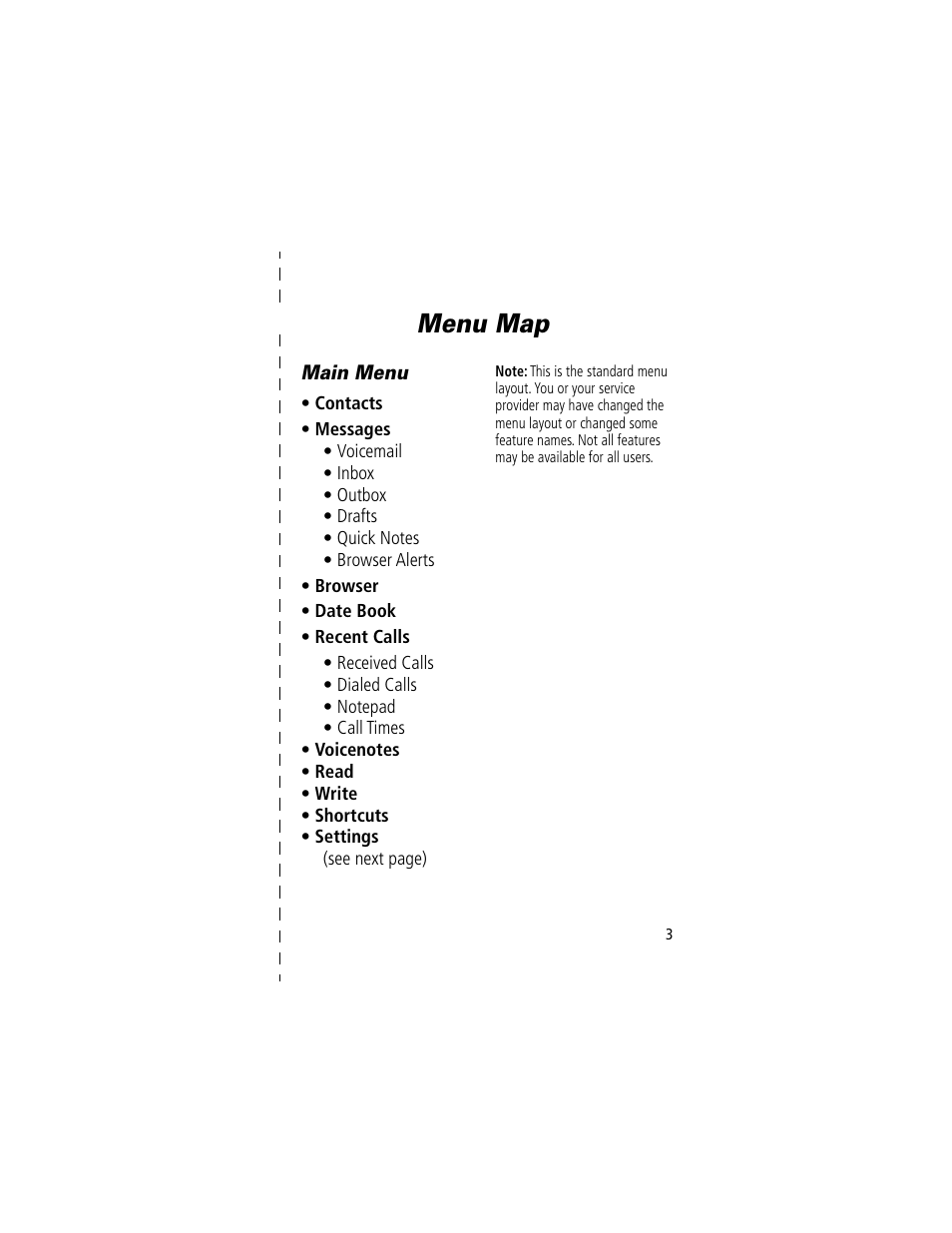 Menu map | Motorola V200 User Manual | Page 3 / 114