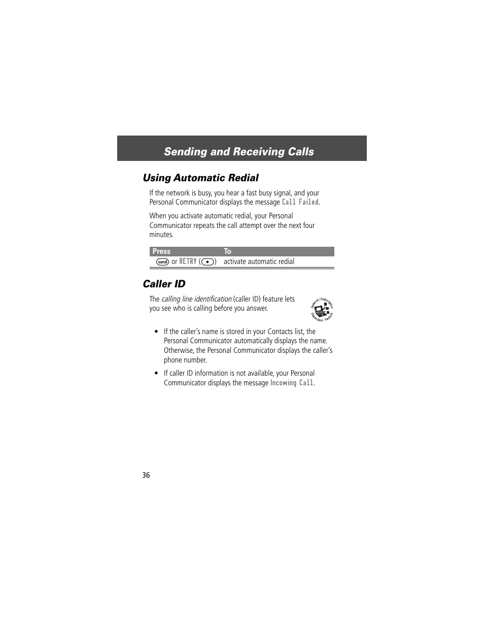 Caller id, Sending and receiving calls, Using automatic redial | Motorola V200 User Manual | Page 36 / 114