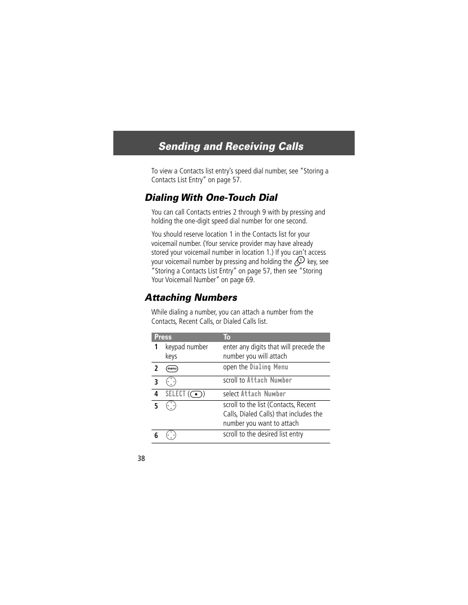 Sending and receiving calls, Dialing with one-touch dial, Attaching numbers | Motorola V200 User Manual | Page 38 / 114