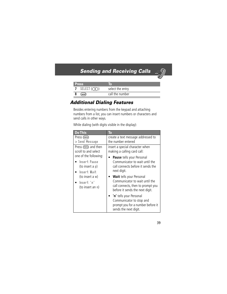 Sending and receiving calls, Additional dialing features | Motorola V200 User Manual | Page 39 / 114