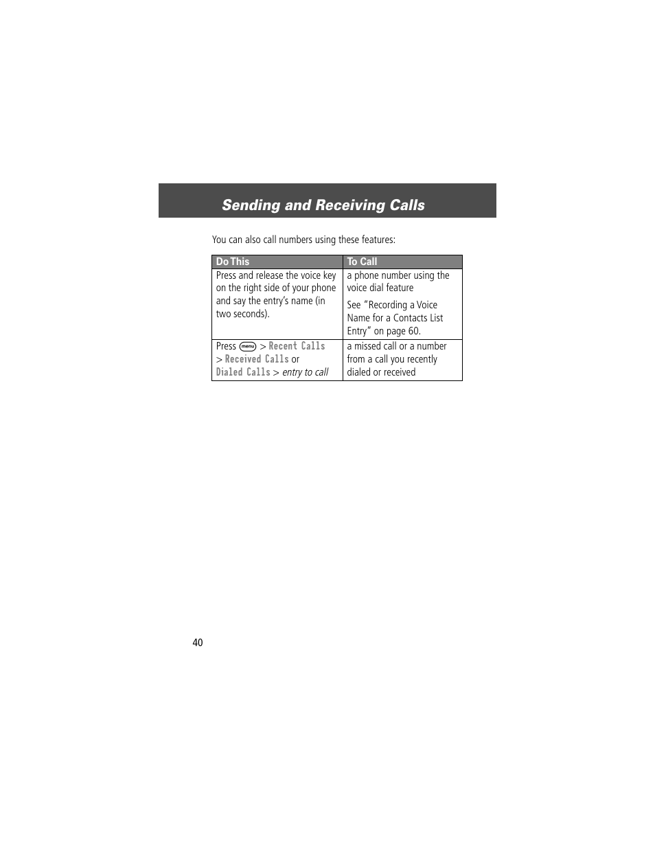 Sending and receiving calls | Motorola V200 User Manual | Page 40 / 114