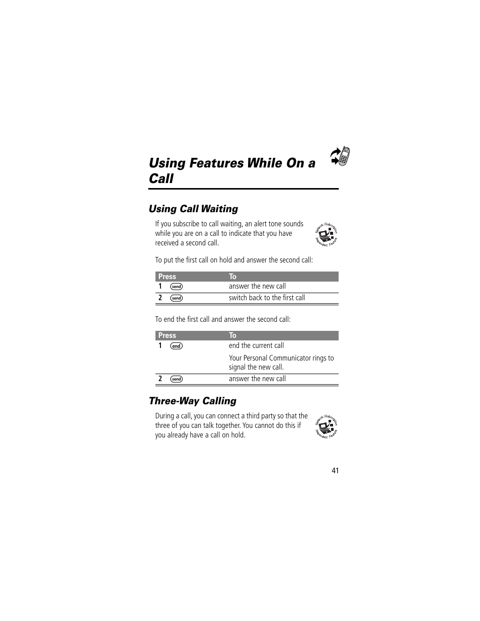 Using call waiting, Using features while on a call, Three-way calling | Motorola V200 User Manual | Page 41 / 114