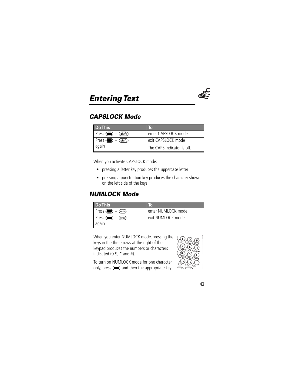 Entering text, Capslock mode, Numlock mode | Motorola V200 User Manual | Page 43 / 114