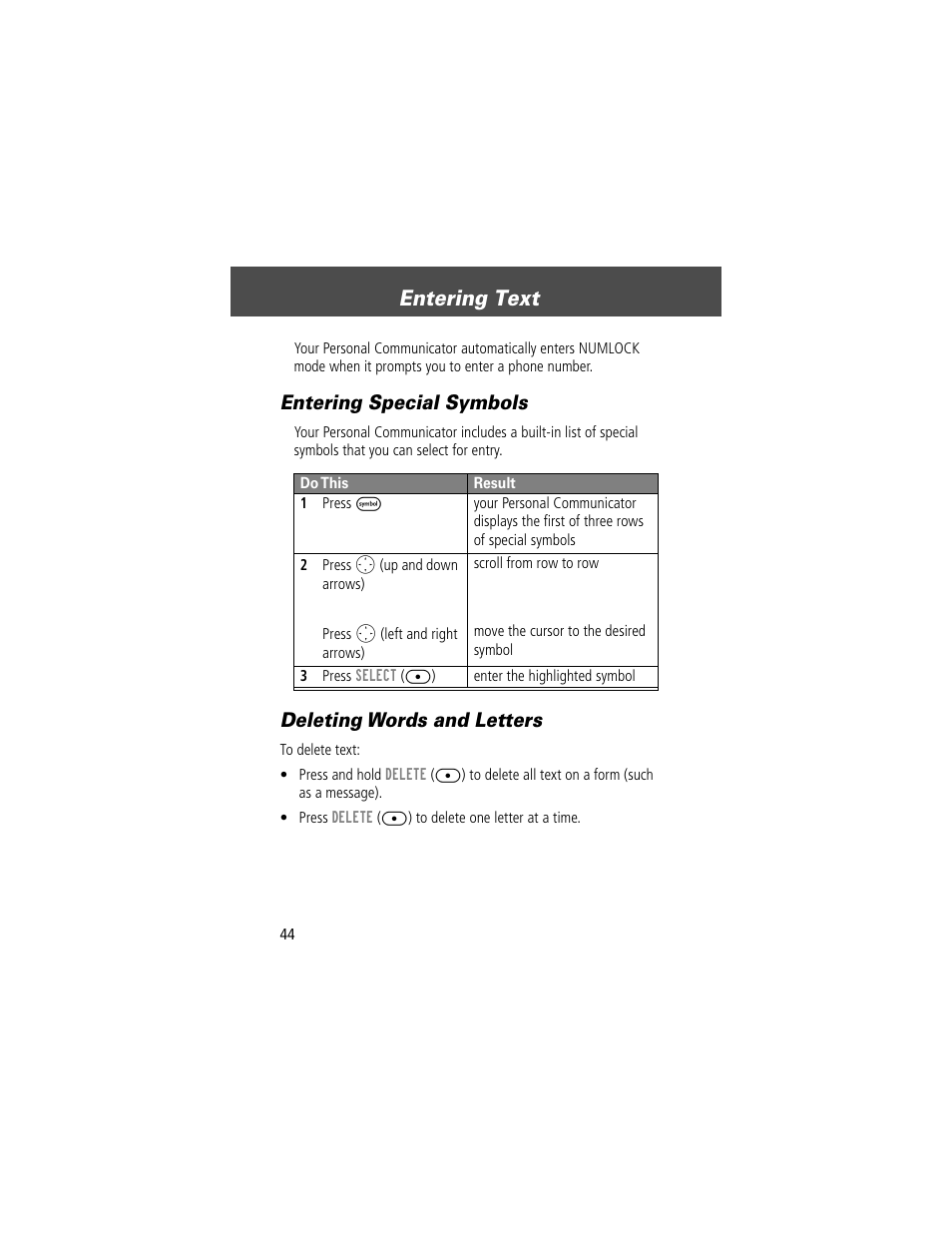 Entering text, Entering special symbols, Deleting words and letters | Motorola V200 User Manual | Page 44 / 114