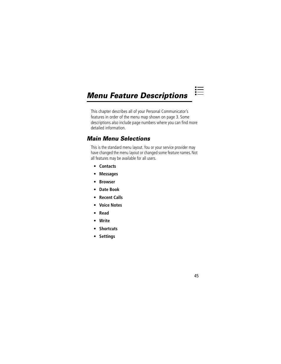 Menu feature descriptions, Main menu selections | Motorola V200 User Manual | Page 45 / 114