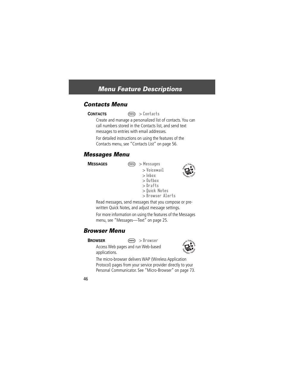 Menu feature descriptions, Contacts menu, Messages menu | Browser menu | Motorola V200 User Manual | Page 46 / 114