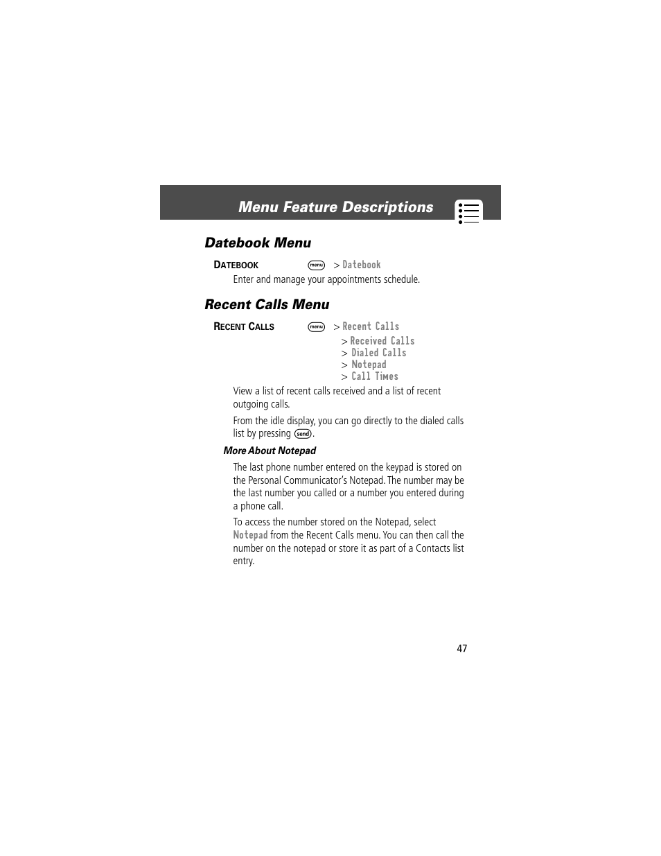 Menu feature descriptions, Datebook menu, Recent calls menu | Motorola V200 User Manual | Page 47 / 114