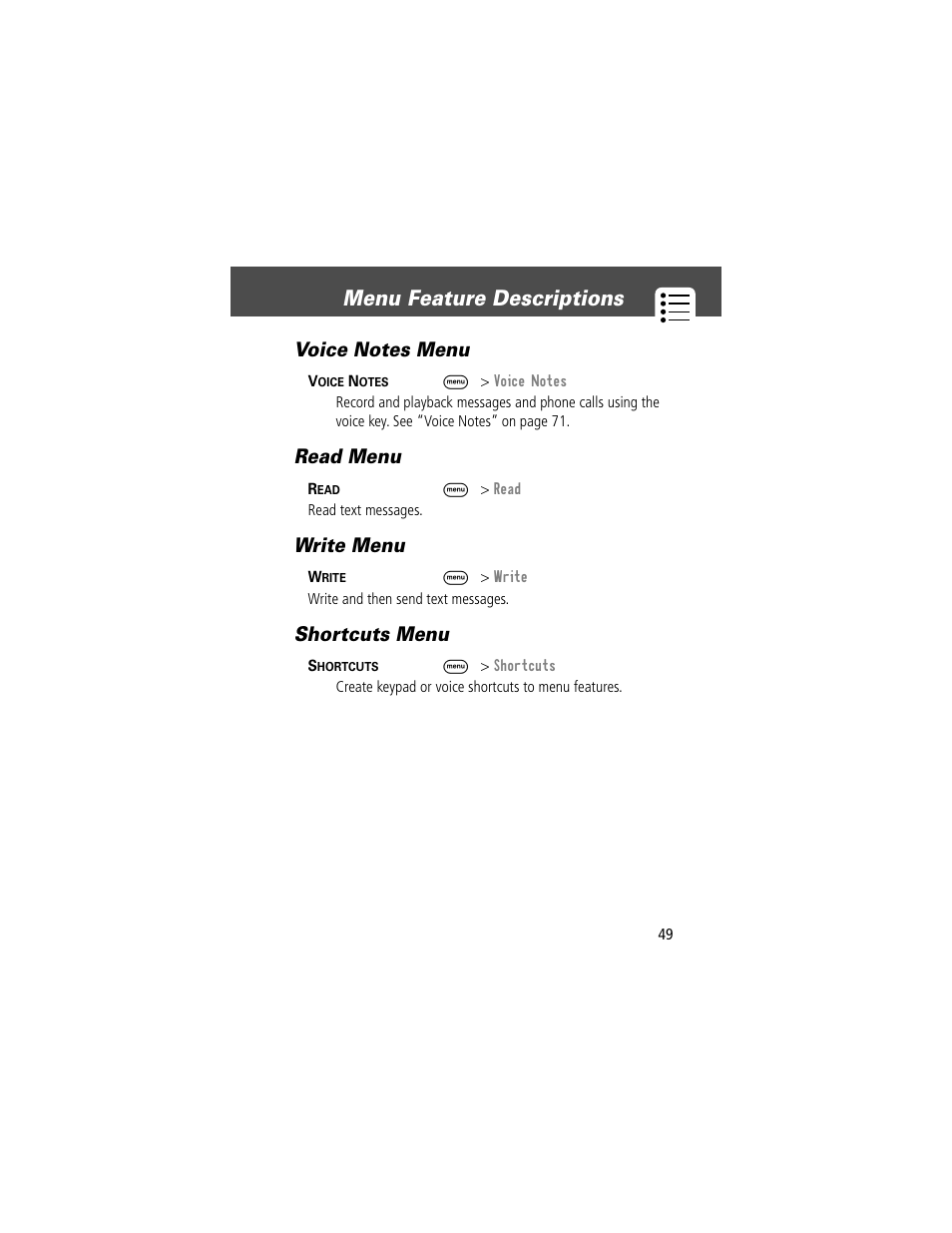 Menu feature descriptions, Read menu, Write menu | Shortcuts menu | Motorola V200 User Manual | Page 49 / 114