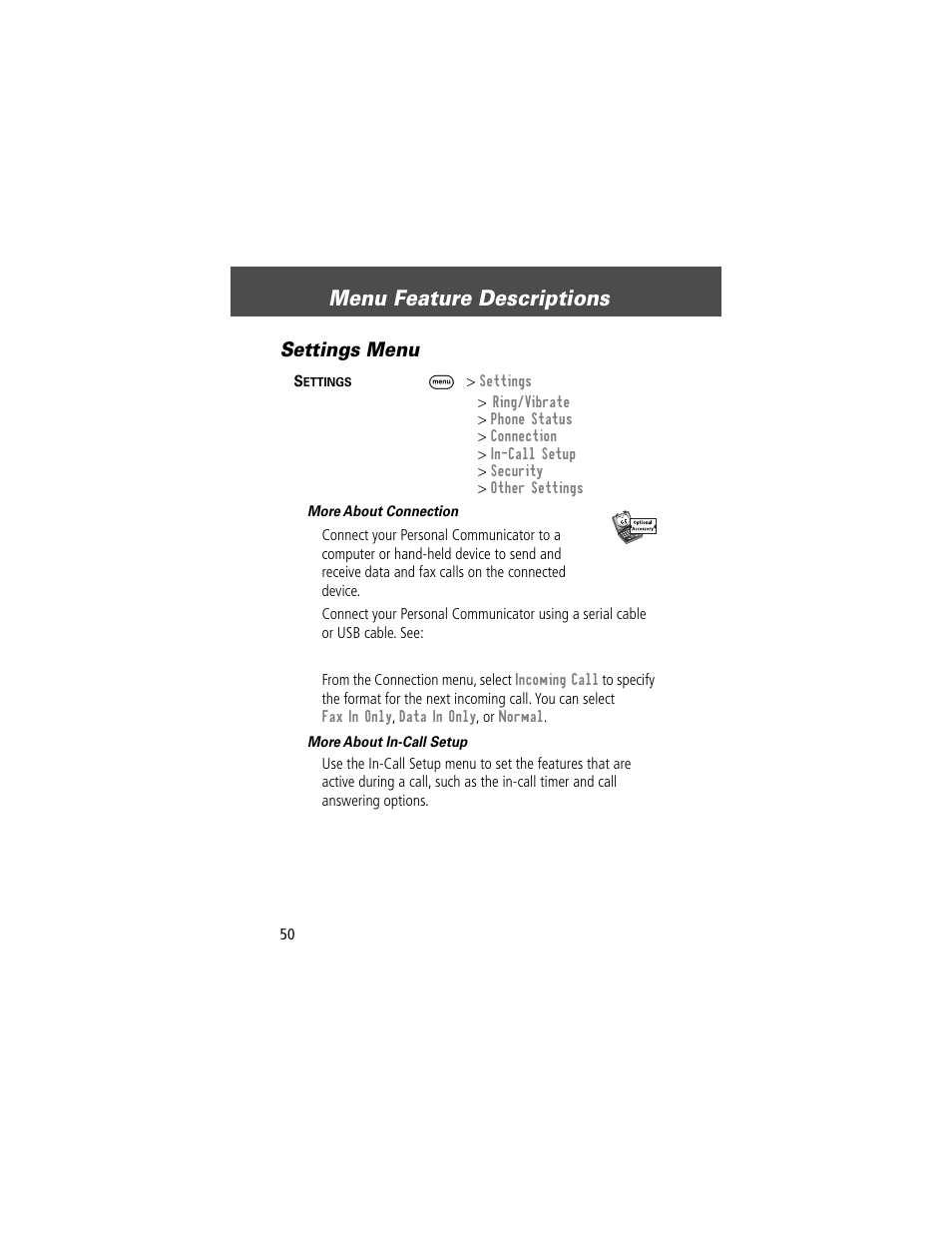 Menu feature descriptions, Settings menu | Motorola V200 User Manual | Page 50 / 114