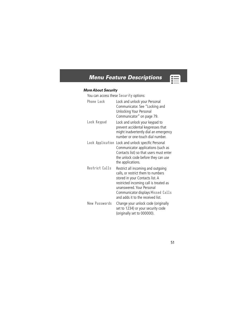 Menu feature descriptions | Motorola V200 User Manual | Page 51 / 114