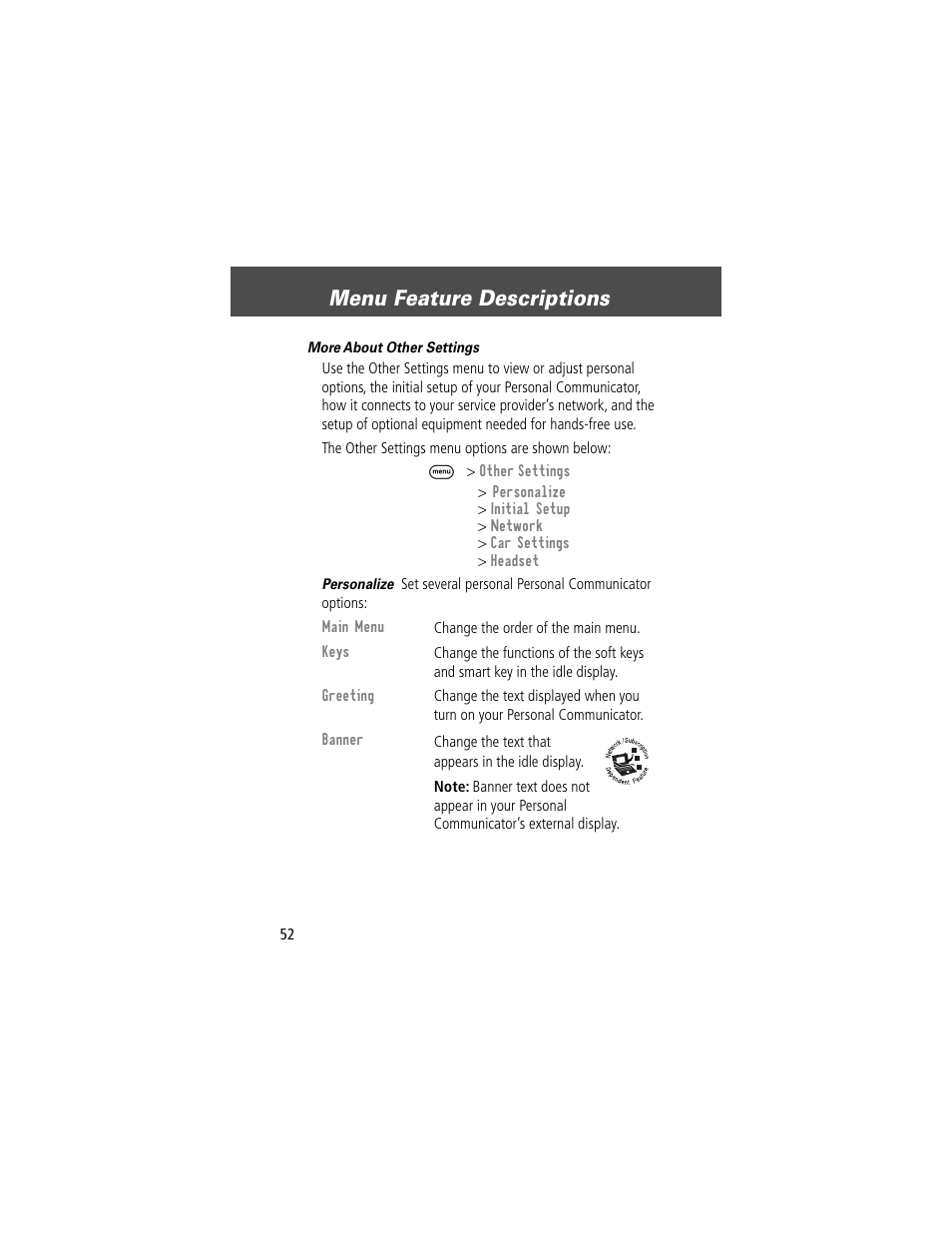 Menu feature descriptions | Motorola V200 User Manual | Page 52 / 114