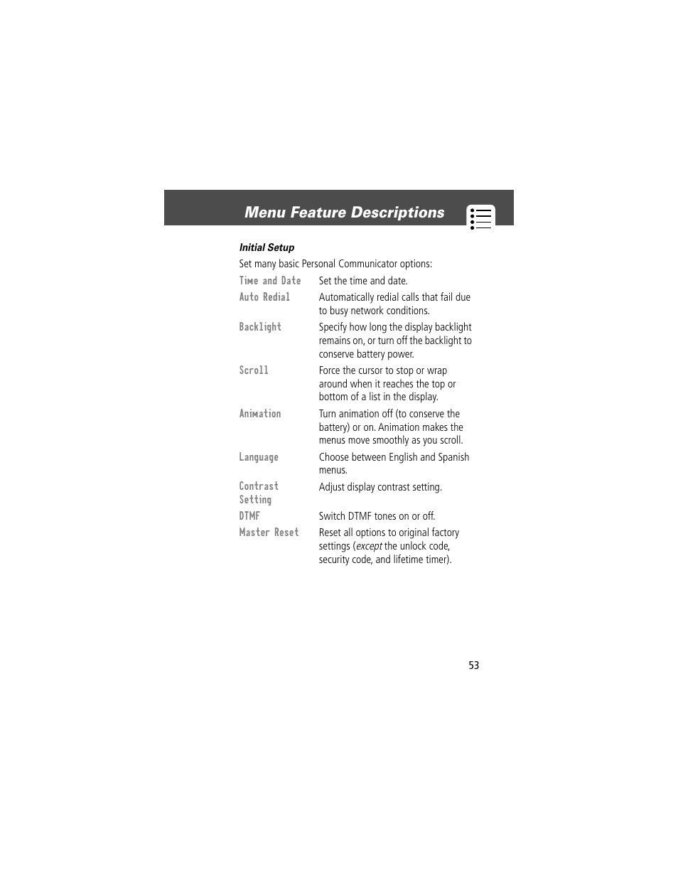 Menu feature descriptions | Motorola V200 User Manual | Page 53 / 114