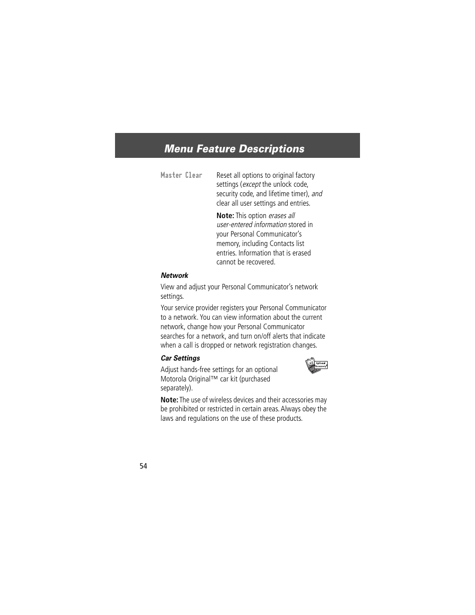 Menu feature descriptions | Motorola V200 User Manual | Page 54 / 114