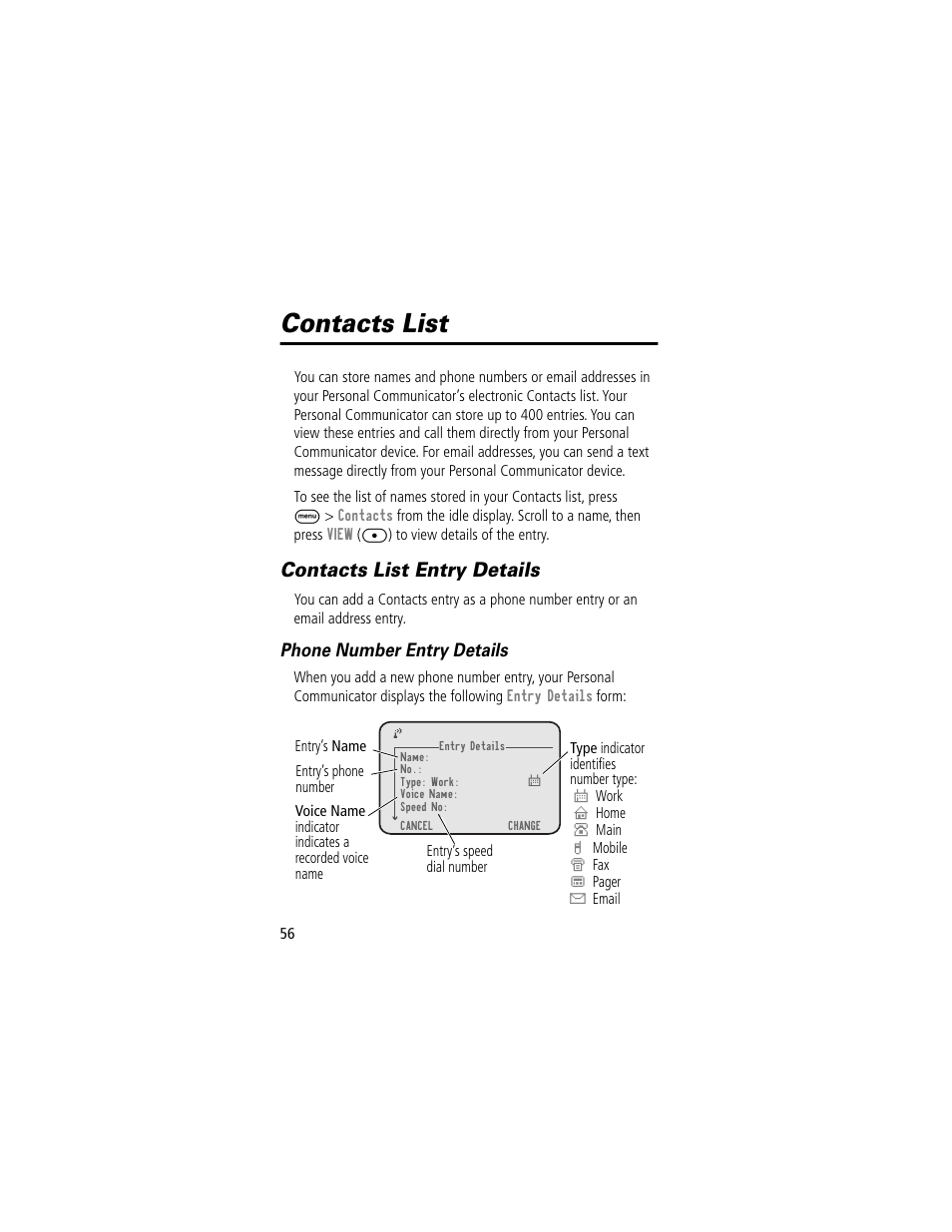 Contacts list, Contacts list entry details, Phone number entry details | Motorola V200 User Manual | Page 56 / 114