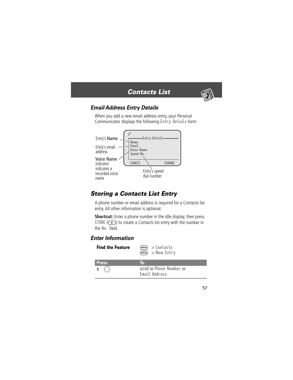 Contacts list, Storing a contacts list entry, Email address entry details | Enter information | Motorola V200 User Manual | Page 57 / 114