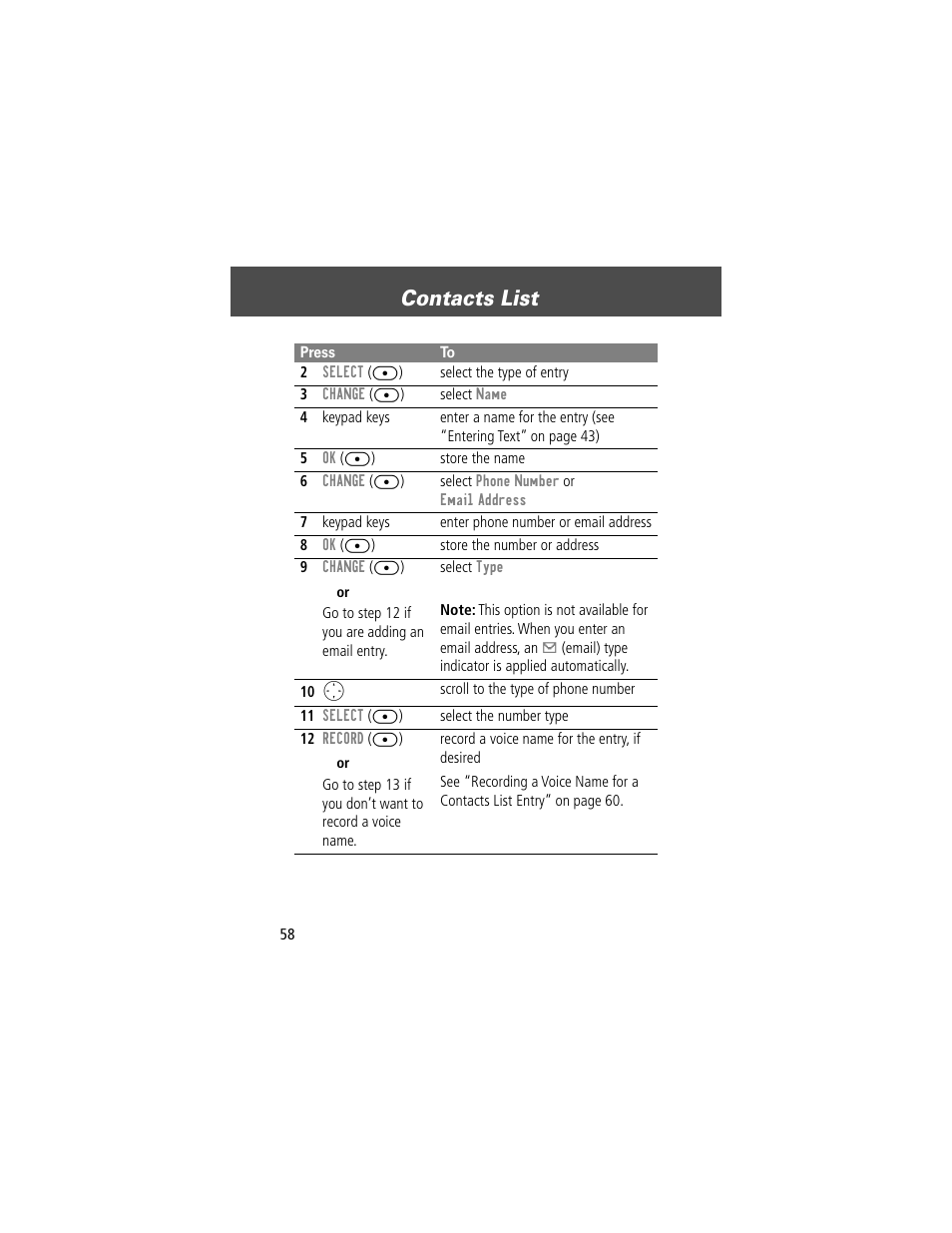 Contacts list | Motorola V200 User Manual | Page 58 / 114