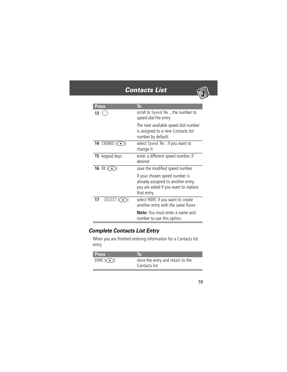 Contacts list, Complete contacts list entry | Motorola V200 User Manual | Page 59 / 114