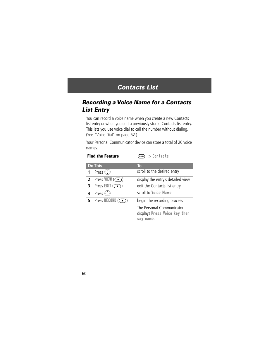 Contacts list, Recording a voice name for a contacts list entry | Motorola V200 User Manual | Page 60 / 114