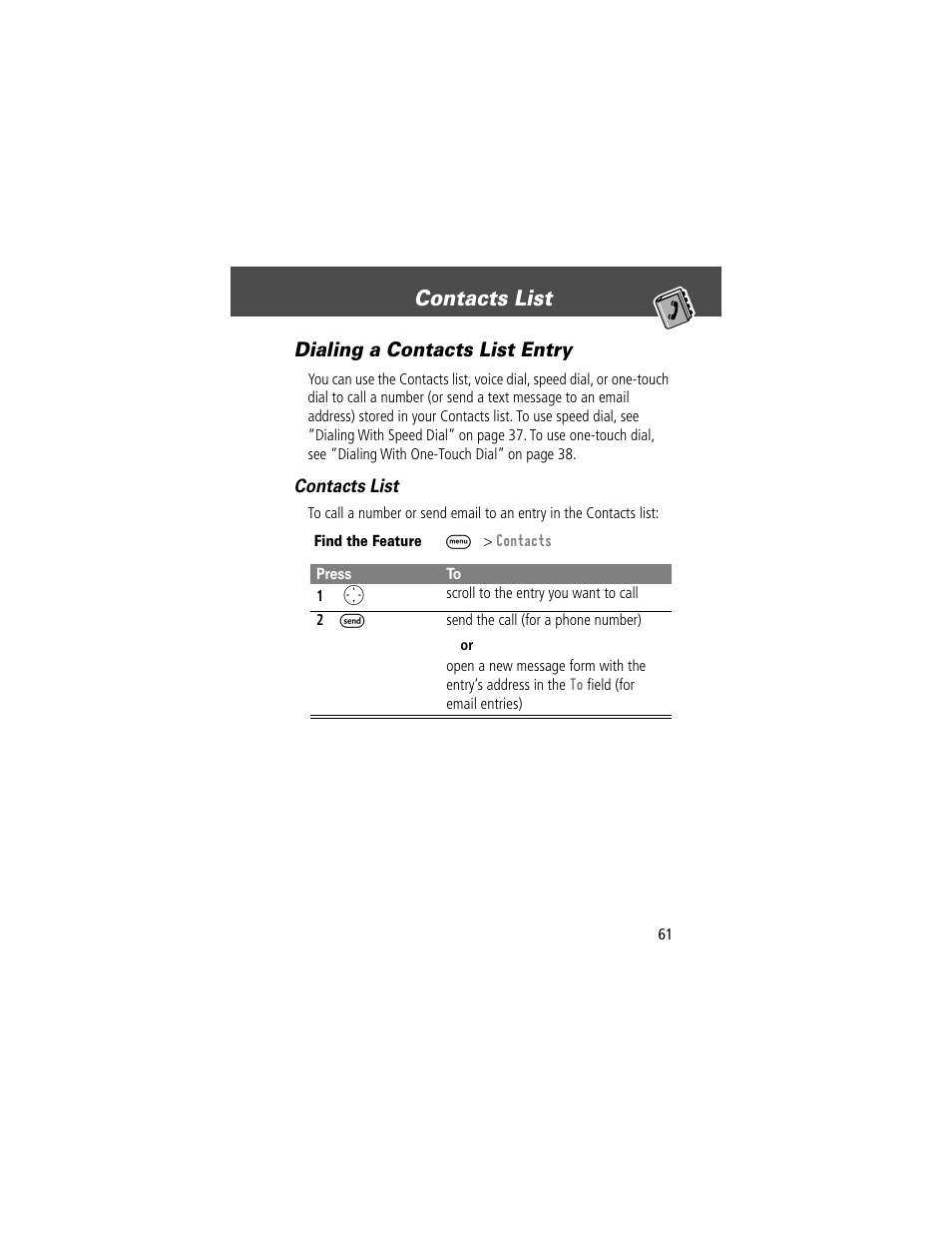 Contacts list, Dialing a contacts list entry | Motorola V200 User Manual | Page 61 / 114