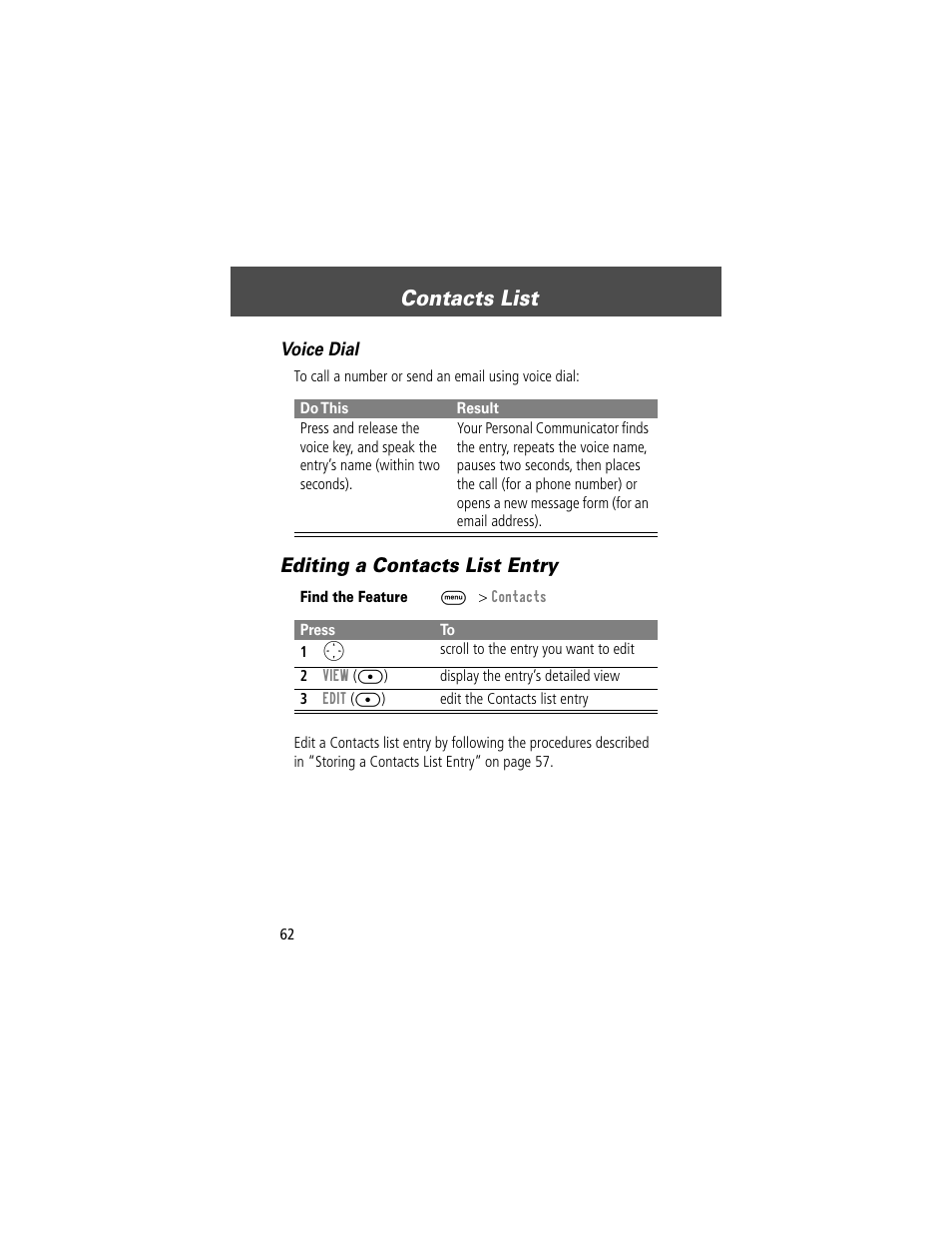 Contacts list, Editing a contacts list entry, Voice dial | Motorola V200 User Manual | Page 62 / 114