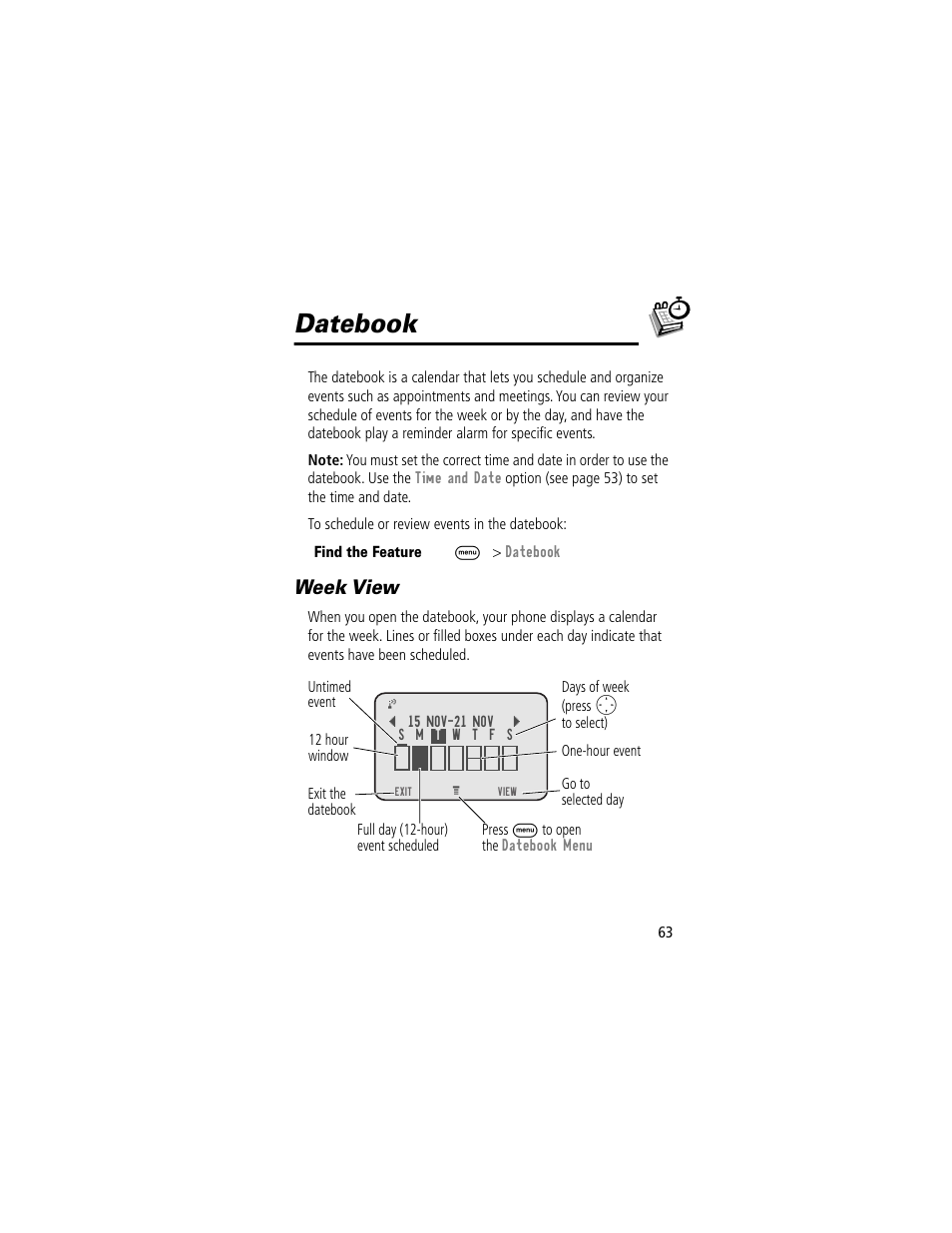 Datebook, Week view | Motorola V200 User Manual | Page 63 / 114