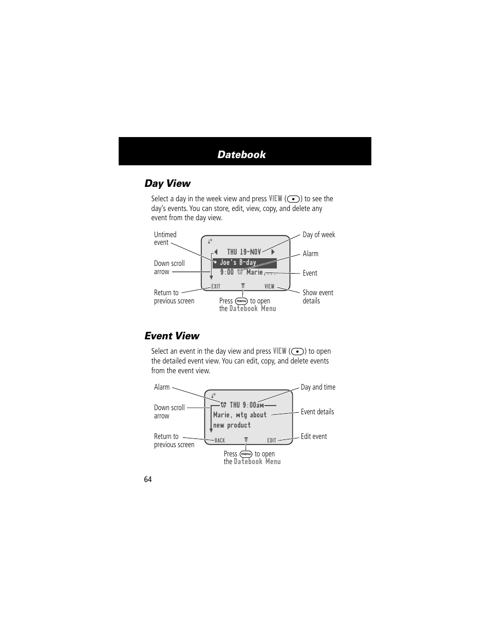 Datebook, Day view, Event view | Motorola V200 User Manual | Page 64 / 114