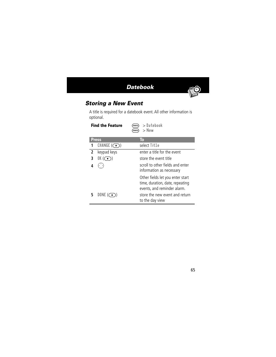 Datebook storing a new event | Motorola V200 User Manual | Page 65 / 114