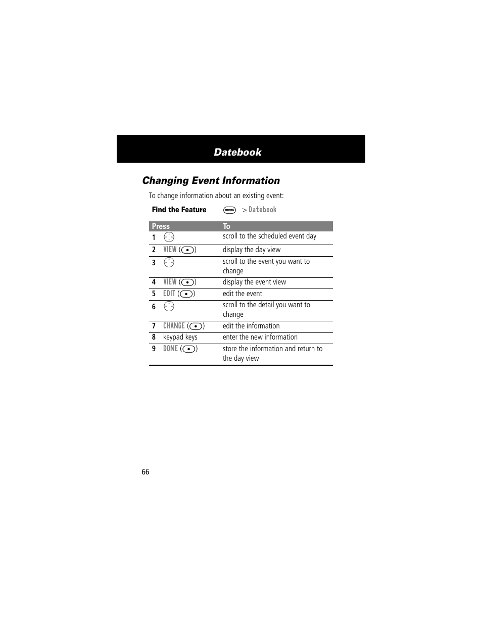 Datebook, Changing event information | Motorola V200 User Manual | Page 66 / 114