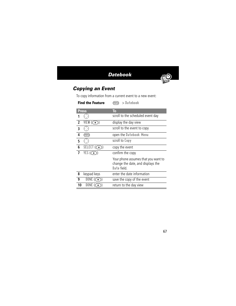 Datebook copying an event | Motorola V200 User Manual | Page 67 / 114