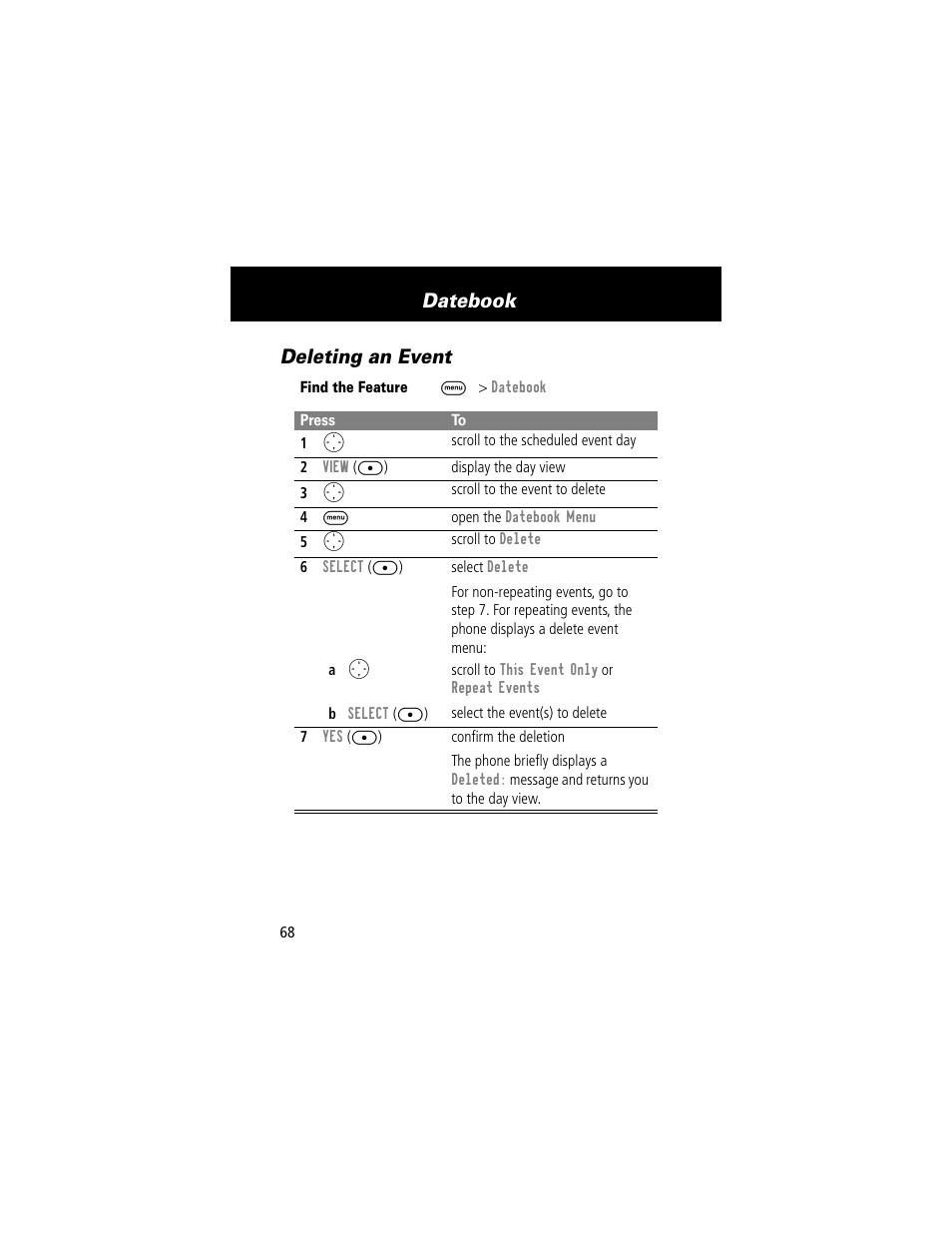 Datebook, Deleting an event | Motorola V200 User Manual | Page 68 / 114