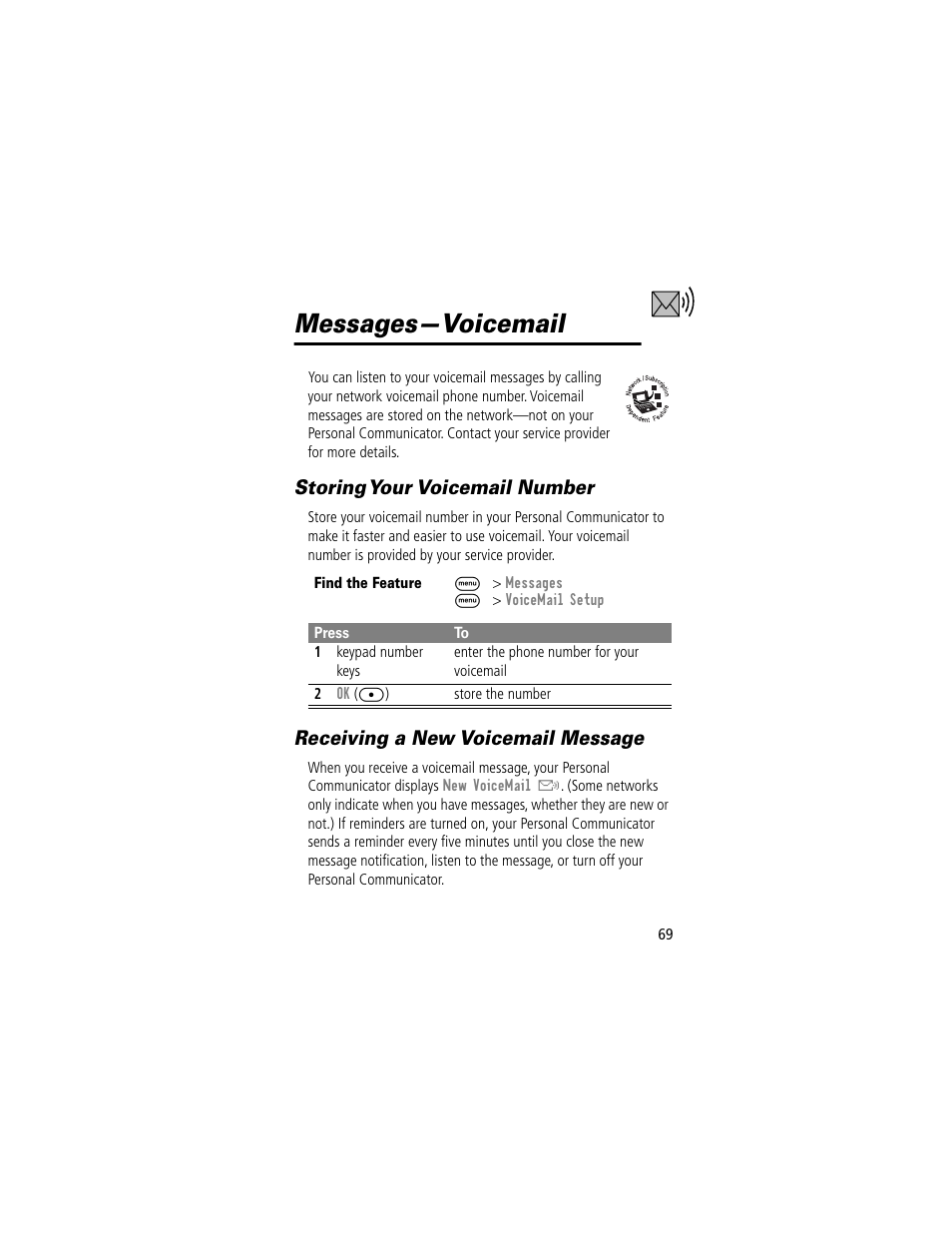 Messages—voicemail, Storing your voicemail number, Receiving a new voicemail message | Motorola V200 User Manual | Page 69 / 114