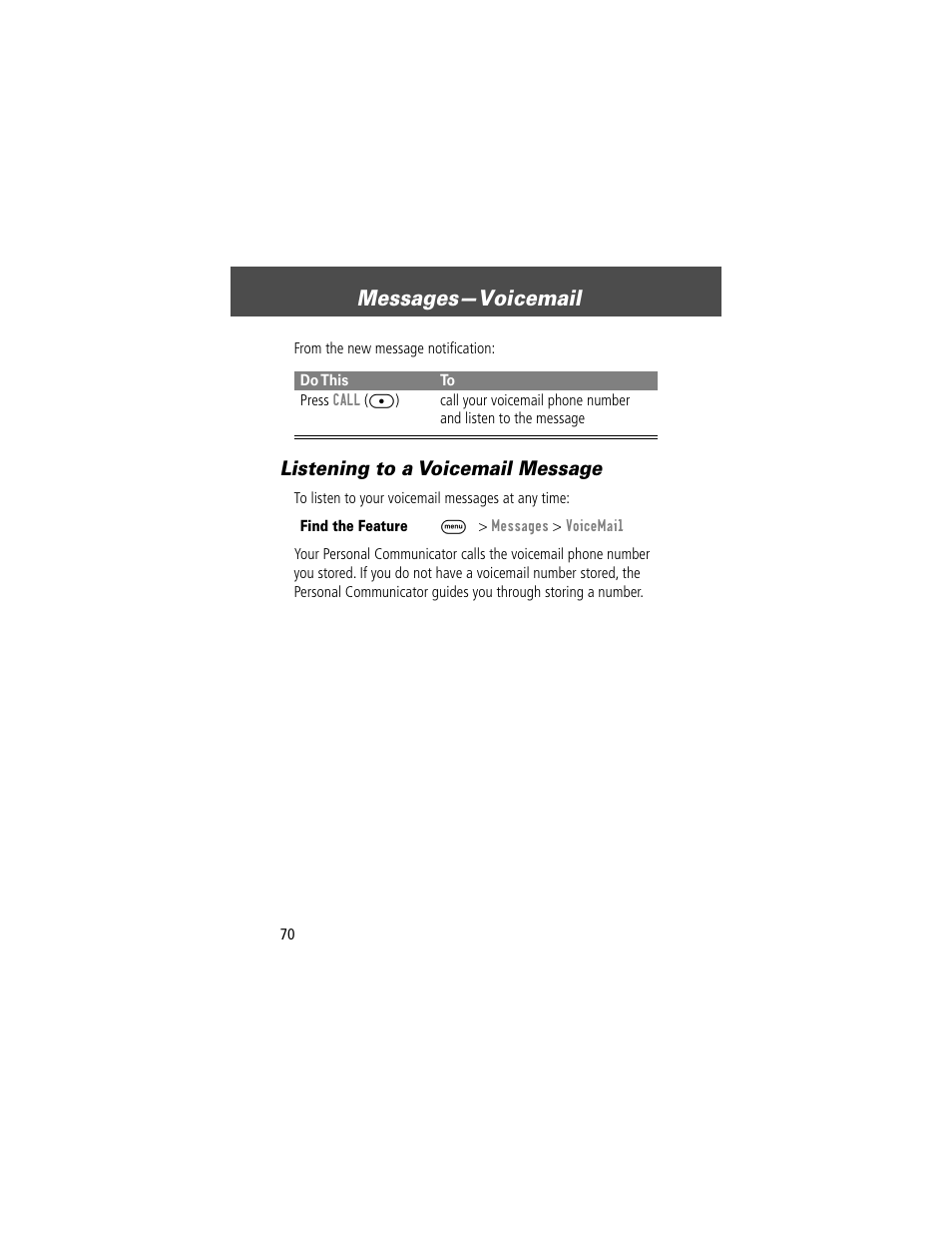 Messages—voicemail, Listening to a voicemail message | Motorola V200 User Manual | Page 70 / 114