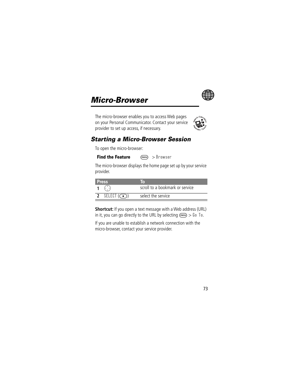 Micro-browser, Starting a micro-browser session | Motorola V200 User Manual | Page 73 / 114