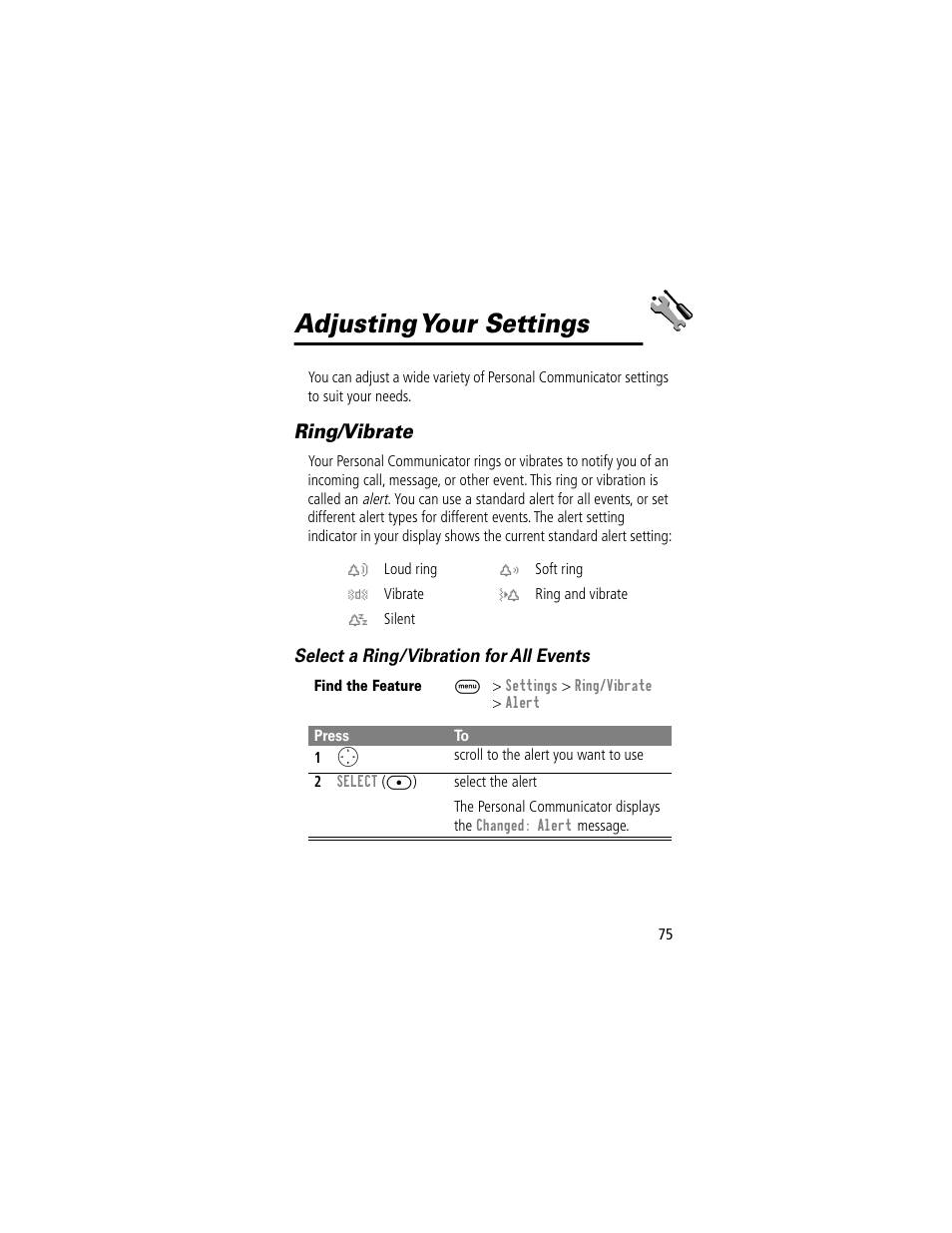 Adjusting your settings, Ring/vibrate | Motorola V200 User Manual | Page 75 / 114