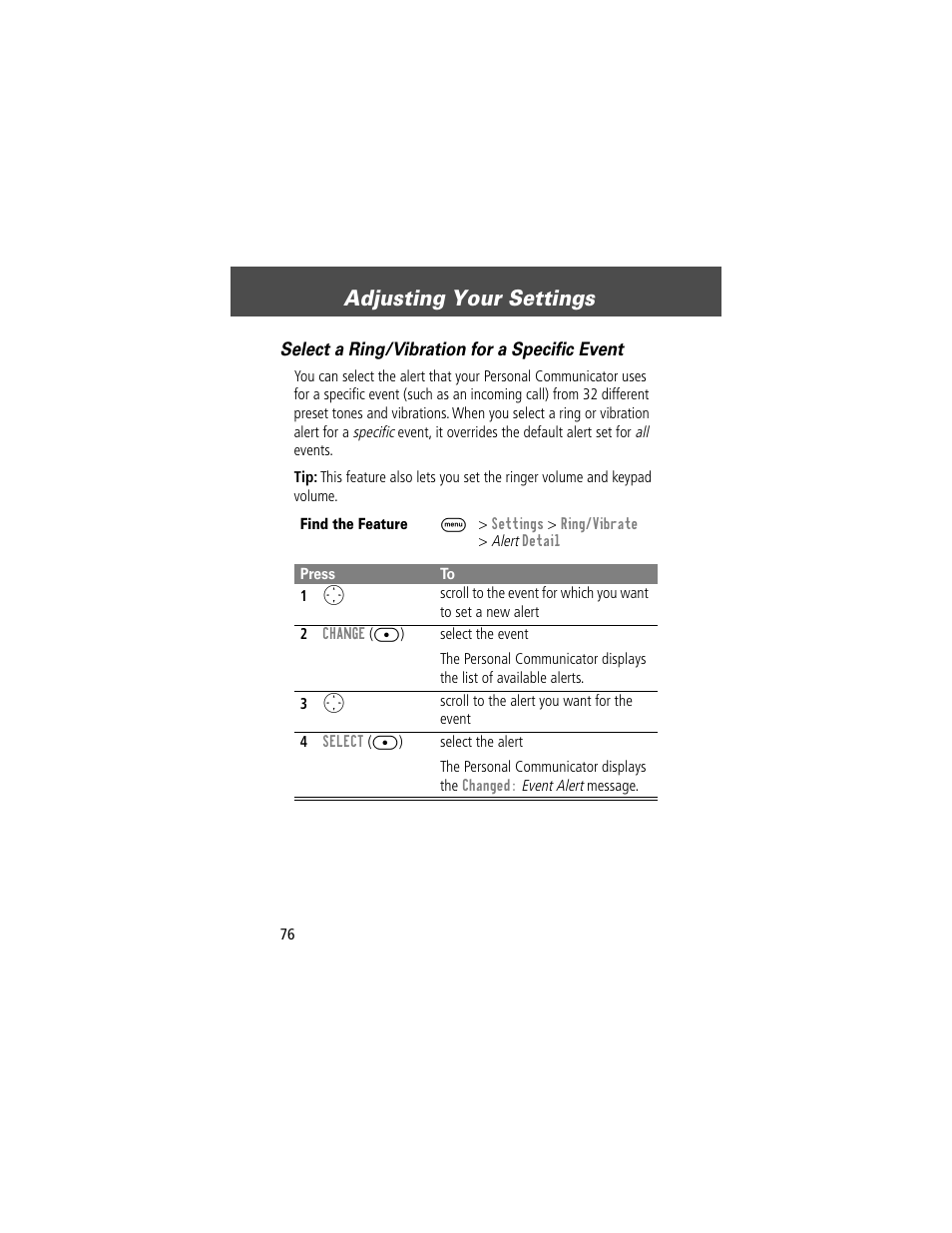 Adjusting your settings, Select a ring/vibration for a specific event | Motorola V200 User Manual | Page 76 / 114