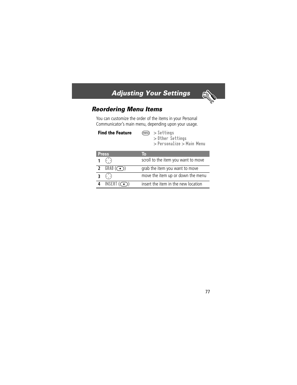 Adjusting your settings, Reordering menu items | Motorola V200 User Manual | Page 77 / 114