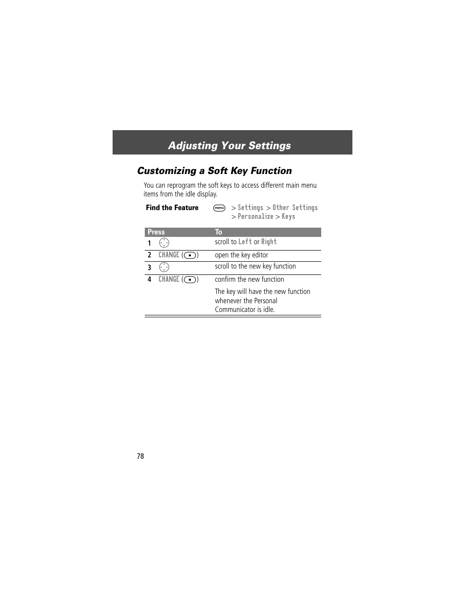 Adjusting your settings, Customizing a soft key function | Motorola V200 User Manual | Page 78 / 114