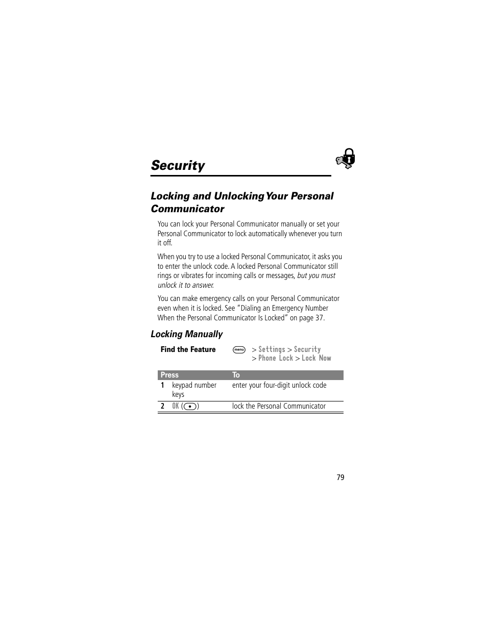 Security, Locking and unlocking your personal communicator, Locking manually | Motorola V200 User Manual | Page 79 / 114