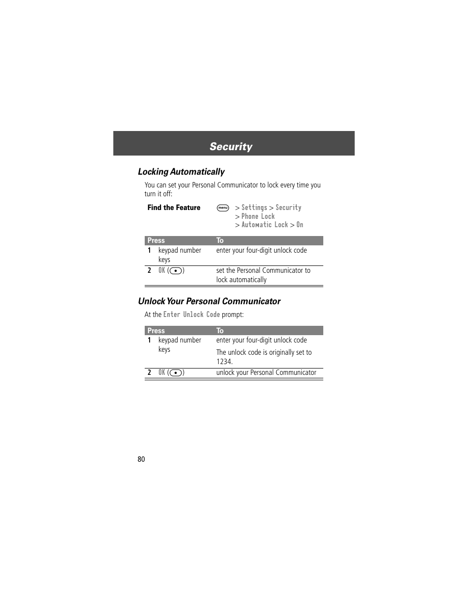 Security, Locking automatically, Unlock your personal communicator | Motorola V200 User Manual | Page 80 / 114