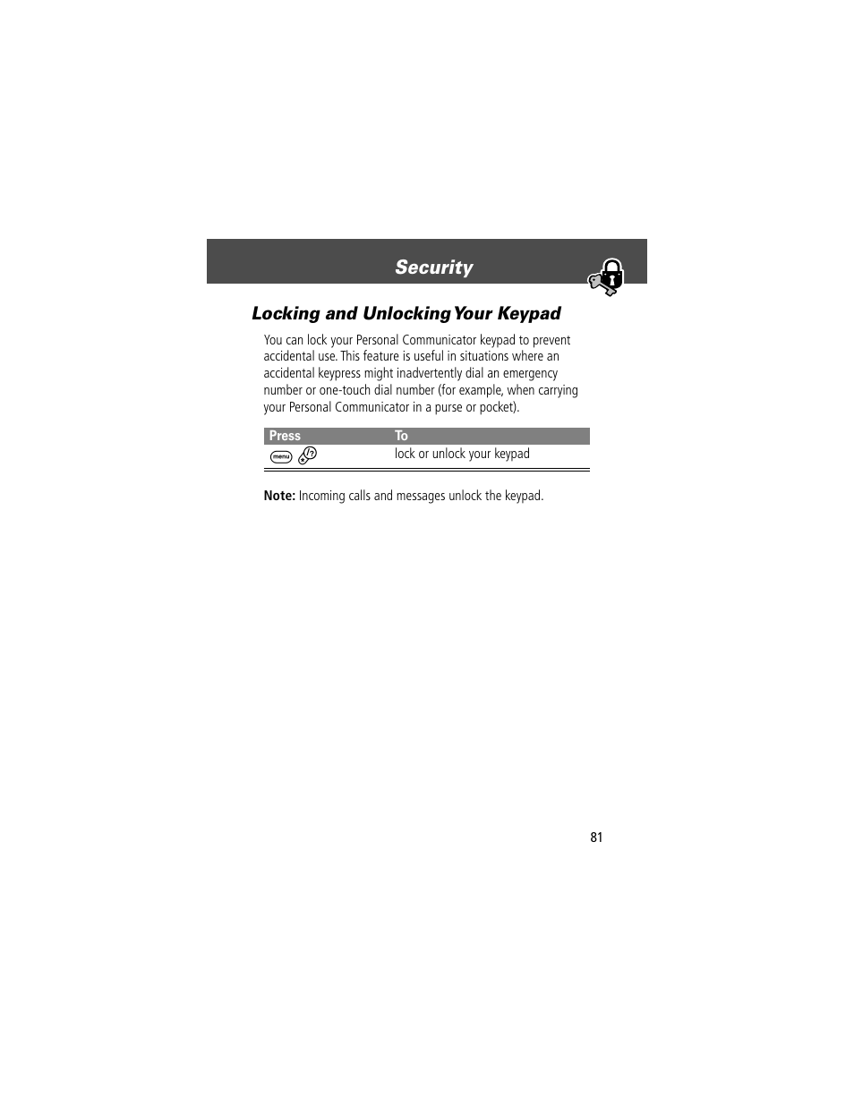 Security, Locking and unlocking your keypad | Motorola V200 User Manual | Page 81 / 114