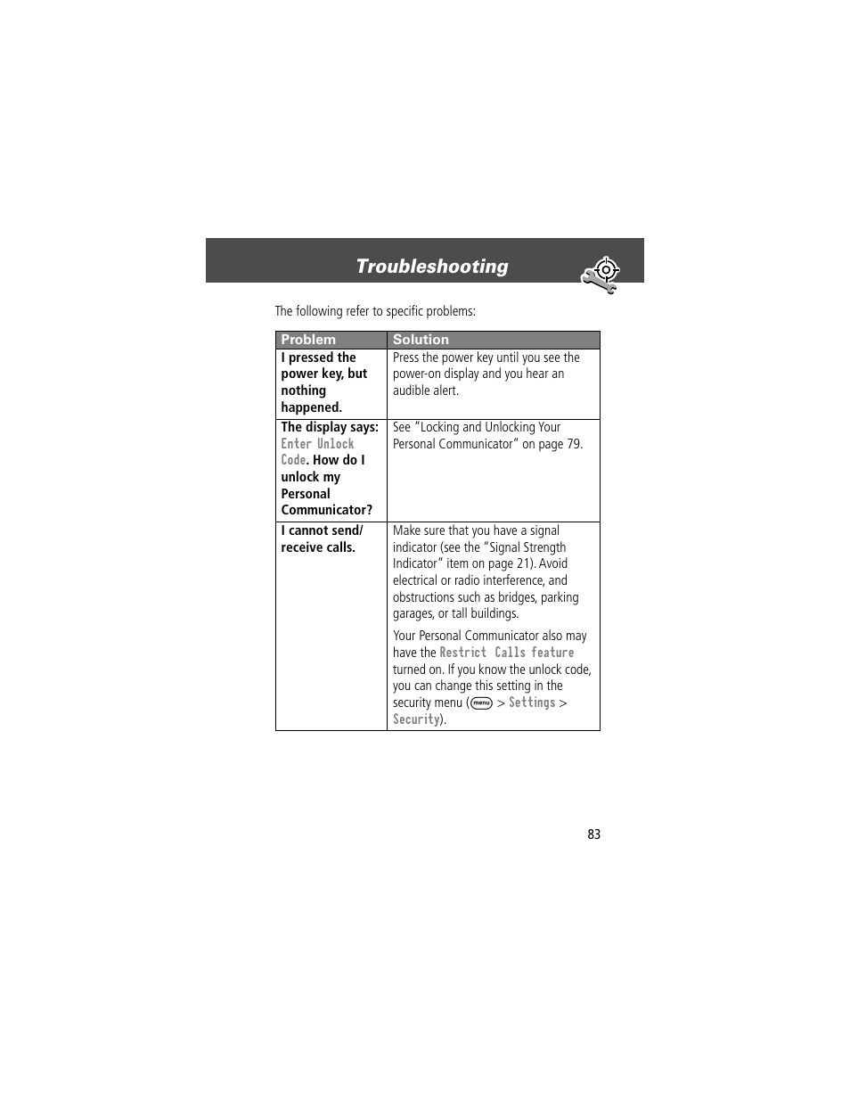 Troubleshooting | Motorola V200 User Manual | Page 83 / 114