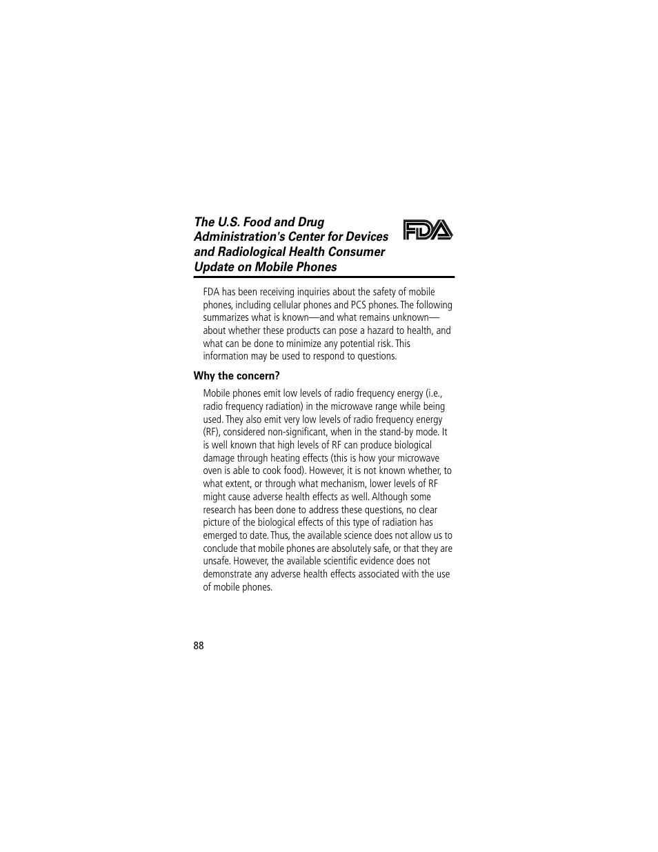 Fda update | Motorola V200 User Manual | Page 88 / 114