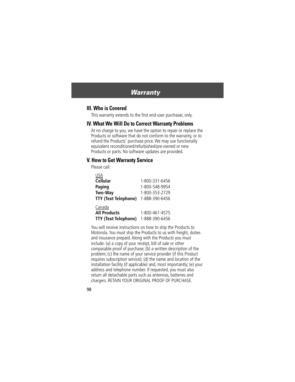 Warranty | Motorola V200 User Manual | Page 98 / 114