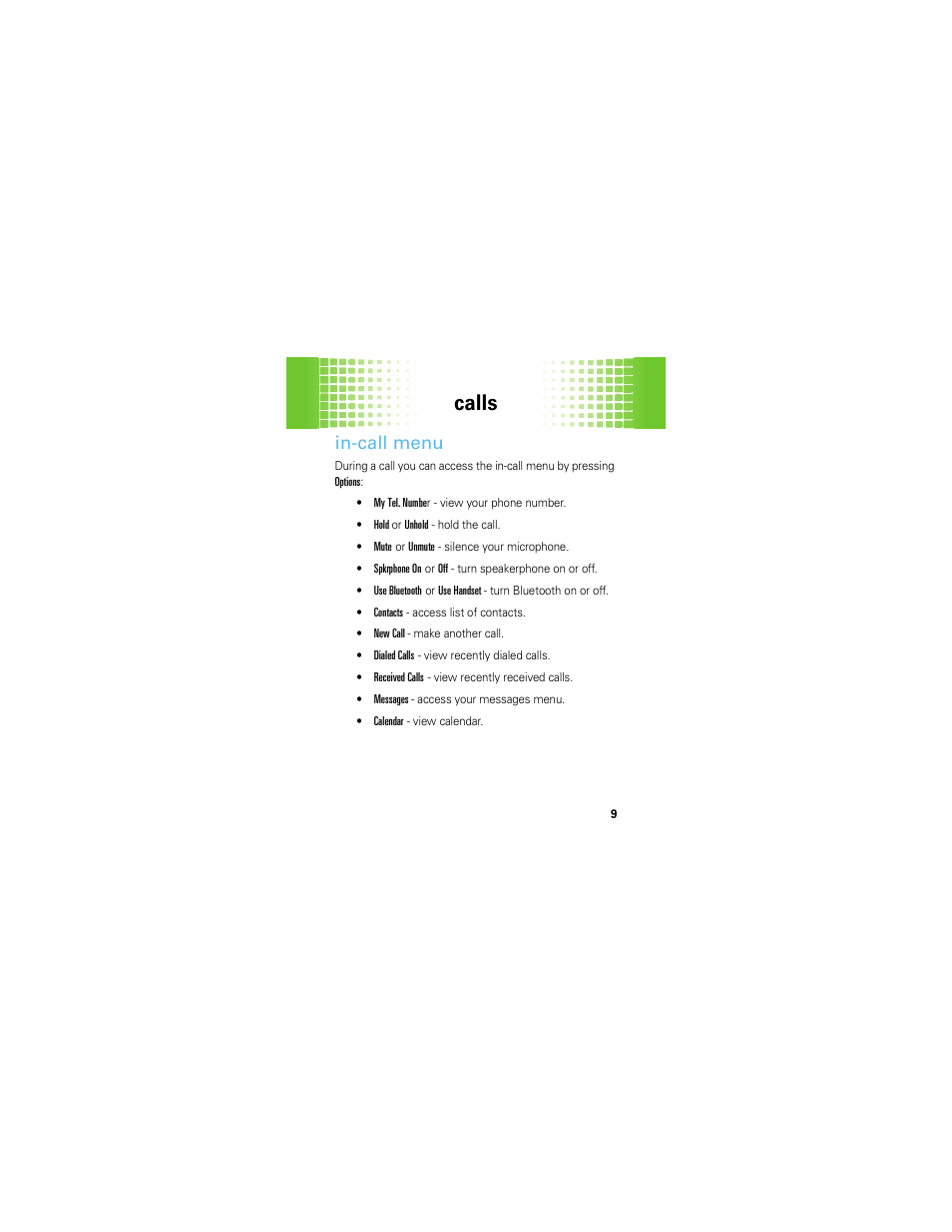 In-call menu, Calls | Motorola EM326G User Manual | Page 11 / 60