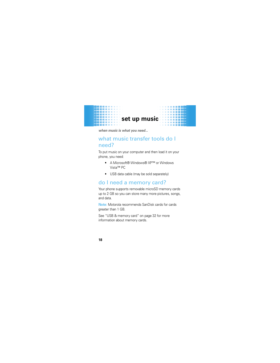Set up music, What music transfer tools do i need, Do i need a memory card | Motorola EM326G User Manual | Page 20 / 60