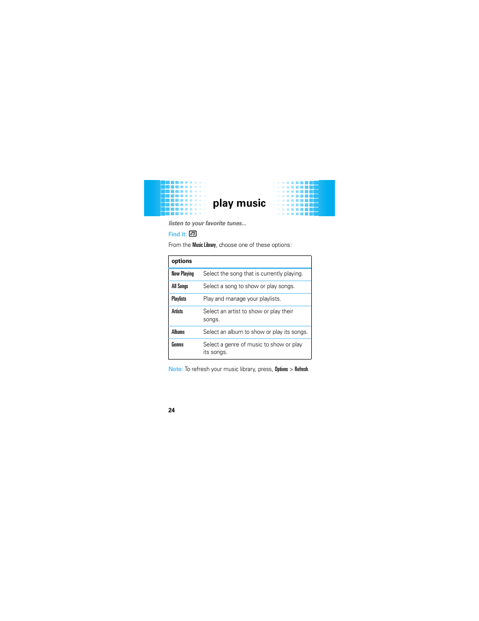 Play music | Motorola EM326G User Manual | Page 26 / 60