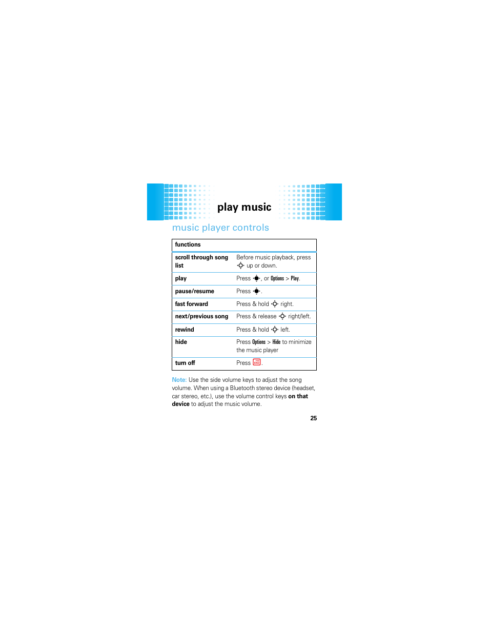 Music player controls, Play music | Motorola EM326G User Manual | Page 27 / 60