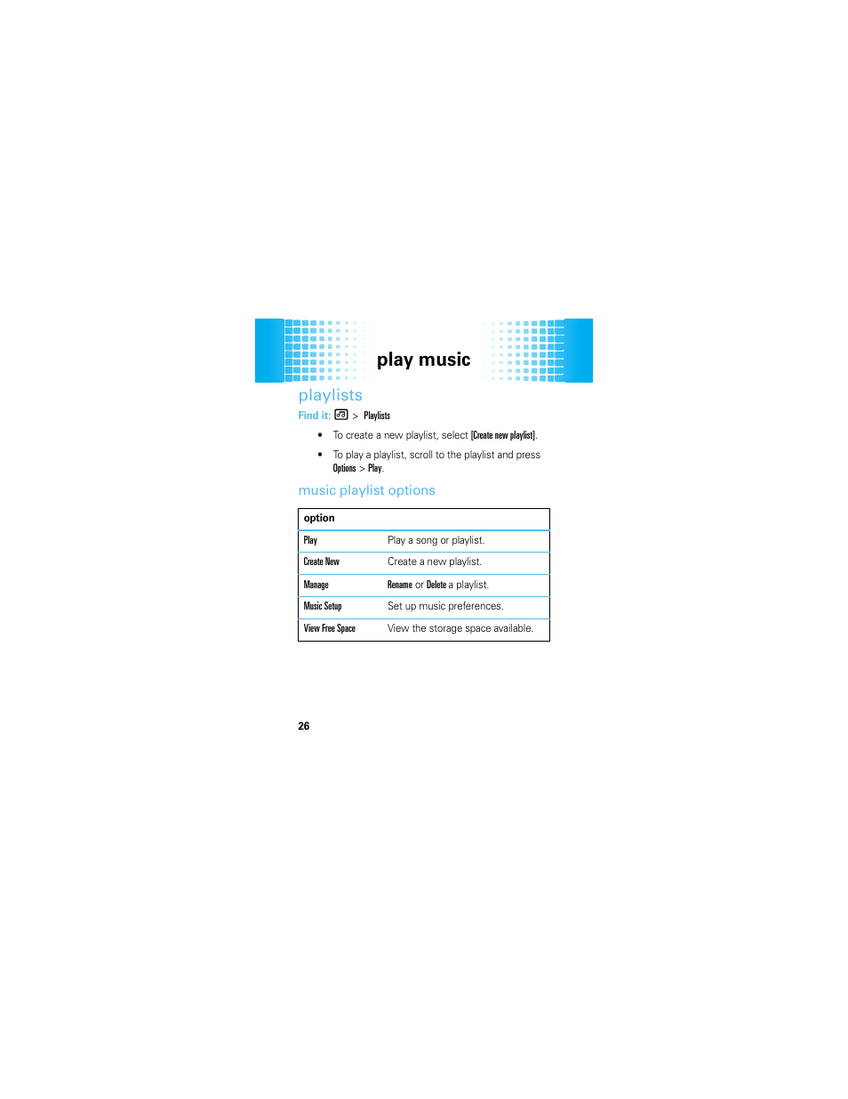 Playlists, Play music | Motorola EM326G User Manual | Page 28 / 60